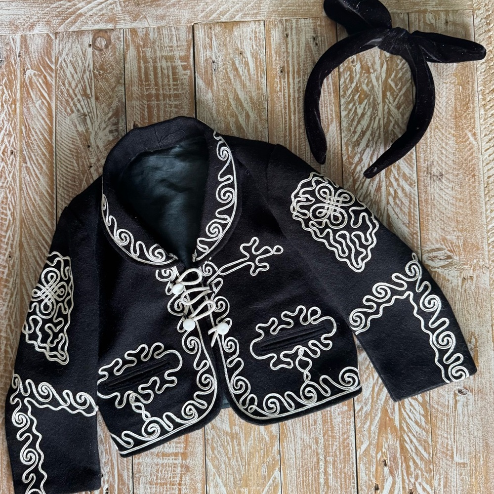 🖤2pc Girls Charro Jacket + Velvet Bow Headband, Mexican Outfit Costume🖤 2T-3T